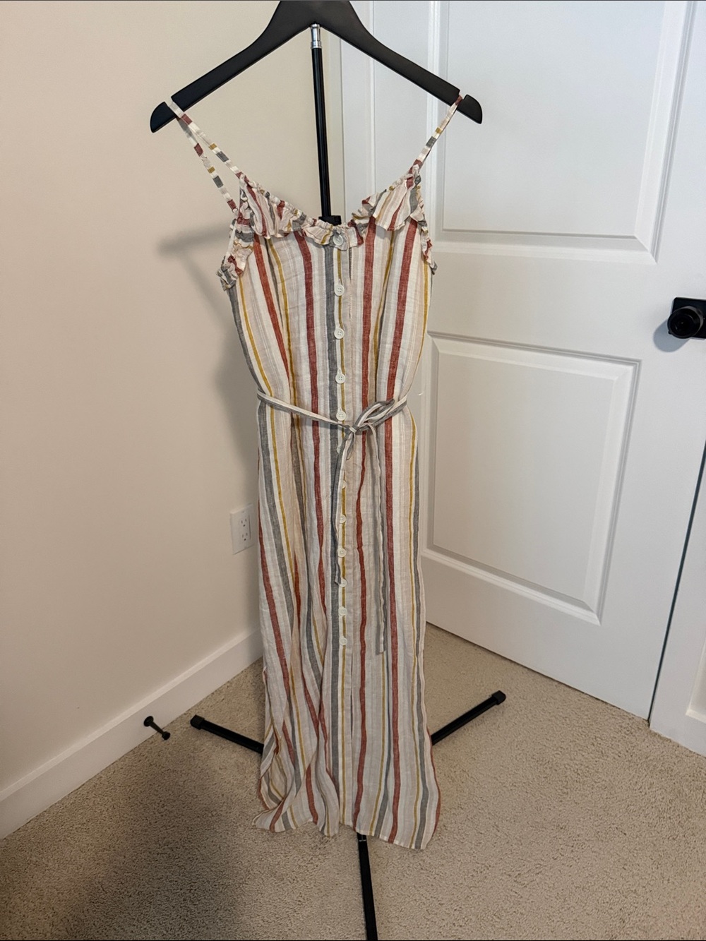 Vince Camuto Multi-Stripe Button-Front Maxi Dress in Cream, Rust & Yellow